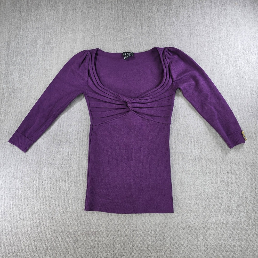 Venus Knit Top Women‎ XS Purple Twist Front Puff Sleeve Gold Button Accents